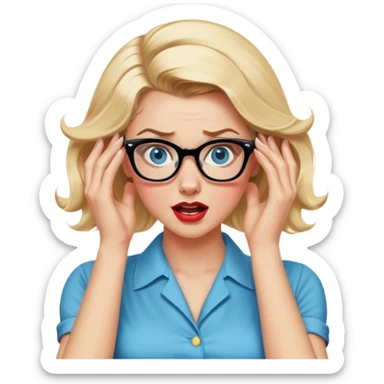 Blonde hair, blue eyed, wearing glasses 50's style pinup looking crazy and pulling her hair with her hands sticker