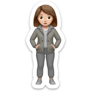 Chica grande  asustada de cuerpo completo con pelo castaño pantalones grises y saco gris  sticker