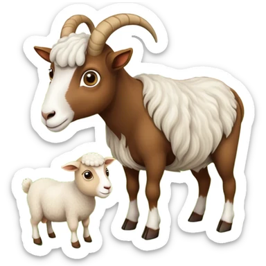 Icon for Domestic Hooved Animals: A gentle collage featuring a brown goat with large, curious eyes, a calm sheep with soft wool and a horse with a flowing mane. Background with a green pasture and a few hay bales. Transparent background. sticker