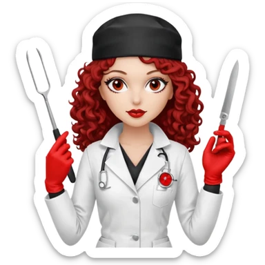


Scary woman scalpel in hand, evil surgeon sexy surgeon clothes.  She has redcolored  eyes. Her  hair only is free ne brown long curly hair. Wears sexy doctor outfit with red gloves. make her wear full ski mask yo mask and nose mouth mask  to hide. Wears white surgeon coat, wears  stilettos sticker