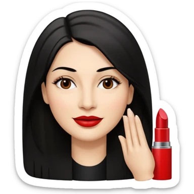 Mulher, 40 anos, pele: Morena clara, rosto: Oval, Cabelos: Lisos, longos, cor preta, repartidos para o lado direito, Olhos: Castanho-escuros, espaçamento normal, Nariz: Tamanho médio, ponte reta, narinas discretas, Boca: Lábios médios, bem definidos, com batom vermelho marcante e sorrindo  sticker