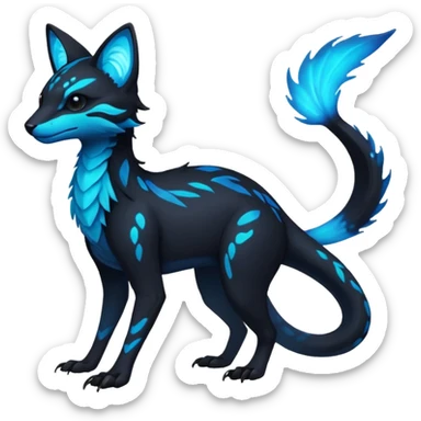 Rare realistic dark black with glowing blue bioluminescent edgy badass epic pretty beautiful handsome gorgeous aesthetic colorful vibrant Vernid-Trico-species-Fakemon-creature by LiLaiRa, 4 legs, 1 tail, random markings, (full body) sticker