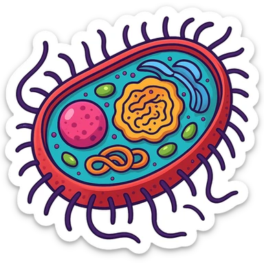 cartoon bacteria cutaway, colorful internal structures, vivid color palette sticker