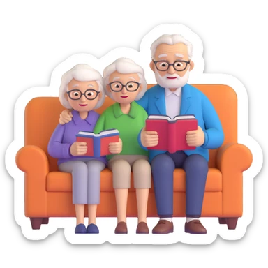 An elderly man combing the hair of an elderly woman sitting on a sofa reading a book sticker