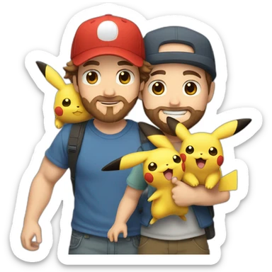 white man with brown hair and beard and a red cap, holding and a pikachu pokemon sticker