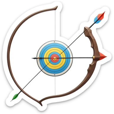A professional recurve bow with an arrow nocked, ready to be released. The target features concentric rings, placed at a distance. The emphasis is on the bow, arrow, and target, highlighting the precision, focus, and skill involved in competitive archery. sticker