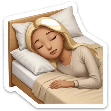 Mujer color de piel moreno claro, con cabello rubio largo, lacio y suelto, ojos negros, durmiendo con sábanas blancas, edredones beige, tomado desde un lado de la cama sticker