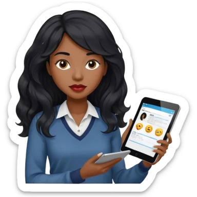 A young woman with long black hair, a wavy frange falling on half of her head.  She's black, medium to dark skinned with thick lips. She's holding something that let's us know she's the CEO of a creative agency, but she's wearing casual clothes. she has long eyelashes. sticker