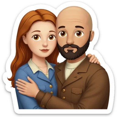 Couple. Bald man with dark brown-black beard. White woman with many small, faded freckles, she has white skin and she has auburn-yellow-brown-cinnamon, dark long hair. She has light brown eyes. The man have hazel eyes. Retro style. They hug. sticker