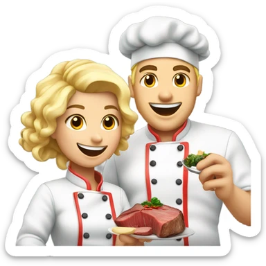 20 year old Blonde couple eating steak in chef outfit  sticker