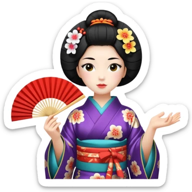 a traditional geisha japanese woman wearing a kinono holding a folding fan elegantly sticker