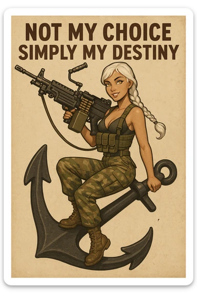 a retro military pinup " not my choice, simply my destiny "
; female figure young,gorgeous, white hair 1 braid, gold yellow eyes, riding side-saddle on a massive anchor , with a massive LMG 249,  wearing a swimsuit and bdu bottom with plate-carrier sticker