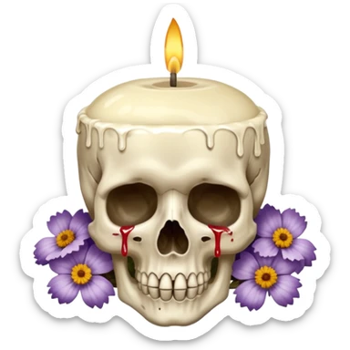 Large candle on a small skull covered in dried flowers sticker