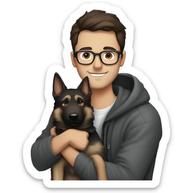 a handsome guy (dark brown hair, with light  blue colour eyes, thin stylish black glasses with hoodie) hugging a grey colour german shepherd with brown eyes) sticker