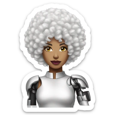 Can you make me an emoji that looks like a cyborg ruPaul with a white afro? I need it to look like a robot/ human combo sticker