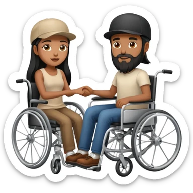 Beige skin man with a beard and cap in a wheelchair and a brown skin woman with long black hair in a wheelchair  sticker