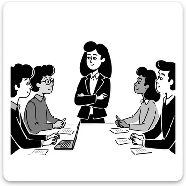 Executive employer at head of meeting table with team sticker