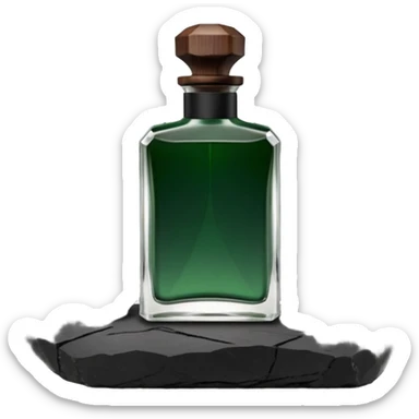 A masculine fragrance bottle featuring a gradient of deep forest green to charred black glass. The cap is made of dark walnut wood. The bottle is placed on a jagged piece of slate rock with a faint mist in the background. Earthy, moody, textured, photorealistic. sticker