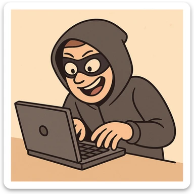 hacker, cartoon style, typing on a laptop, playful expression sticker
