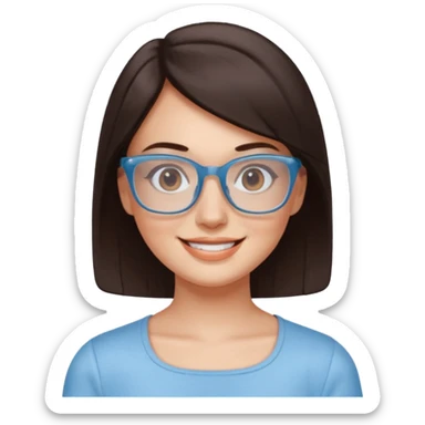 mujer de 30 años, cabello marron oscuro, anteojos cuadrados transparente, top celeste escote cuadrado, piel blanca, cara redonda sticker