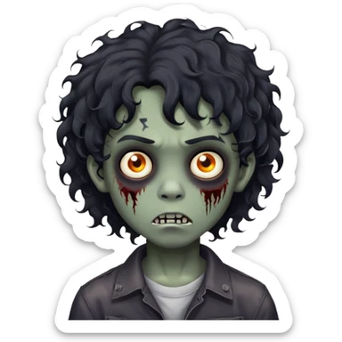 Boy, zombie, black curly wavy hair, medium long, round shaped hair, emo, dark, spooky, creepy expression sticker