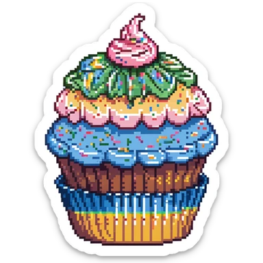 large cupcake with pink frosting, rainbow sprinkles, blue cupcake wrapper, pixel art style sticker