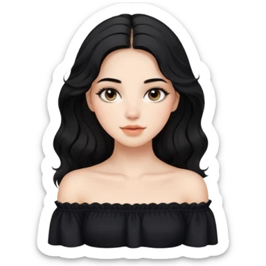 A realistic 3D avatar of a young woman with a soft oval face, slim cheeks, natural almond eyes, long wavy black hair, minimal makeup, wearing a black off-shoulder top, elegant and aesthetic, not cartoonish. sticker