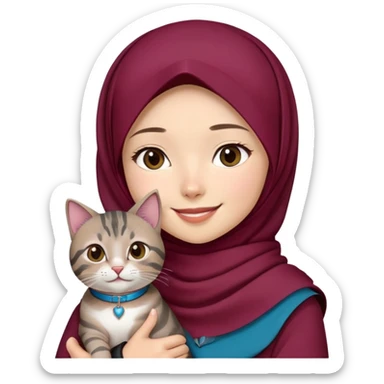 Asian White girl wearing maroon hijab holding a black grey tabby cat while smiling. The cat is wearing a blue collar sticker