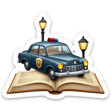 Icon for Action & Crime Reading: an open book with dramatic crime scenes—bullet holes on pages, a detective badge, a revolver and a getaway car. Surrounding elements include a flickering streetlight. Transparent background. sticker