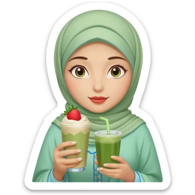 Turkish beautiful finish Konya girl blue eyes with beige and light green hijab islamic dress and had on her hand strawberry Matcha drink sticker