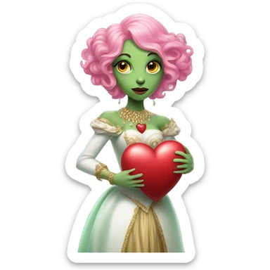 a green amazon alien woman in Victorian white gold, pink hair,holdig, red big hearth, full body sticker