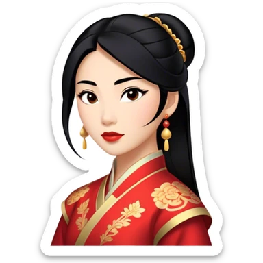Cinematic Majestic Mulan Portrait Emoji, rendered in a clean, vector-style with bold, simplified shapes. Depict Mulan with a serene, noble expression, warm light skin, and neatly styled black hair, dressed in traditional attire featuring subtle red motifs and gold trim. The image glows with a calm, majestic aura, high shine, and a soft glowing outline, embodying classic elegance. sticker