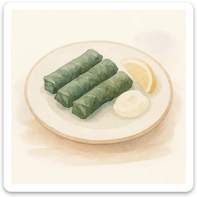 a traditional ethnic food dish on a wooden table, watercolor art style sticker