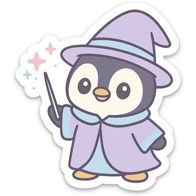 cartoon penguin dressed as a wizard, holding a wand, with a sparkling magical aura sticker