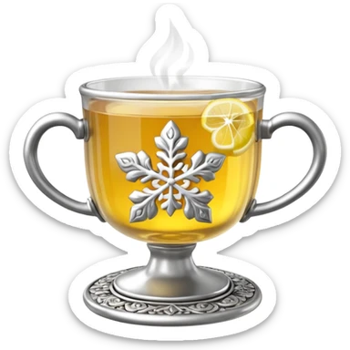 3D emoji of a traditional
Russian tea glass in an ornate silver metal holder (podstakannik). Hot tea with a lemon slice, visible steam forming a small snowflake shape. High-end glossy 3D
 sticker