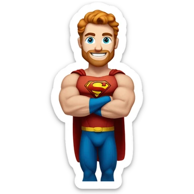 Irish superman, redish hair, blue eyes, redish brownish facial hair, muscular body, smiling sticker