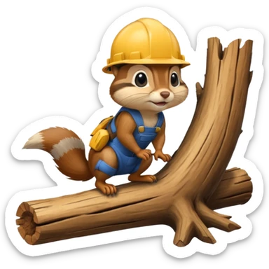  a chipmunk in a construction helmet kneels in front of a log sticker