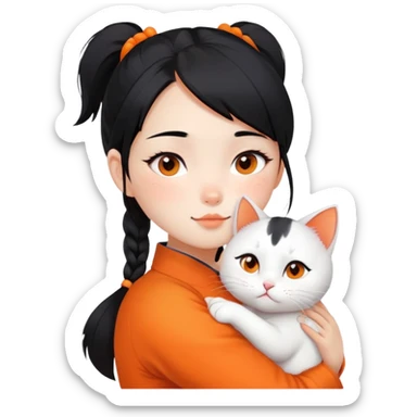 East Asian girl with high ponytail black hair hugging a predominantly white cat with orange patches, sweet and gentle, cute facial expressions sticker