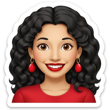 40 yr old peruvian woman, wavy/curly long black hair, red lipstick, big smile, white teeth, brown eyes, hoop earings, side part to hair, round face sticker