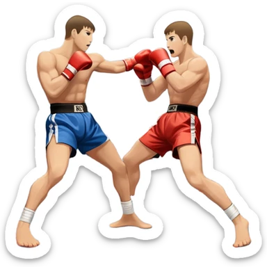 An icon symbolizing kickboxing, featuring two fighters in the midst of an intense match. One throws a powerful roundhouse kick, while the other counters with a punch. The background shows a ring, with ropes and a cheering crowd. Transparent background highlights the action and strength sticker