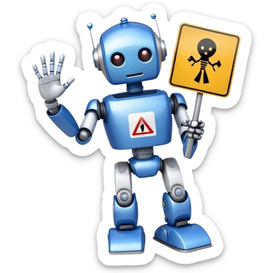 friendly robot with a helping hand and a warning sign representing an AI agent for reporting child abuse sticker