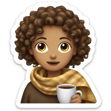 curly brown hair girl with a blanket drinking coffee  sticker