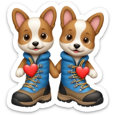 2 puppies hiking with hiking boots on all 4 paws and a heart  sticker