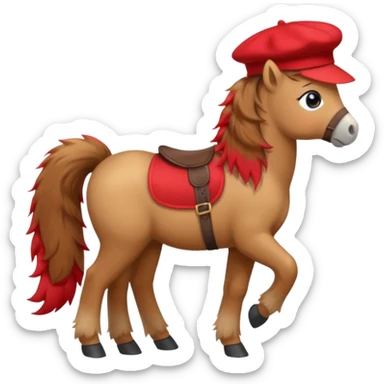 A cute pony (horse) emoji, full body, standing in side view, wearing a stylish red beret. sticker