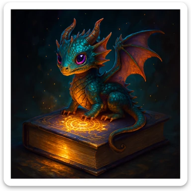 tiny magical dragon perched on a glowing spellbook, fantasy style, enchanting and detailed sticker