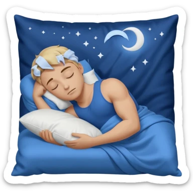 “A young muscular male with short dark-blonde hair and medium-light skin, wearing blue cloth. He sleeps on his side, holding a soft white pillow, his head on a smooth blue pillow. A sleeping symbol floats above him in the dark, nighttime scene. A flowing blue blanket with silky folds covers him. sticker