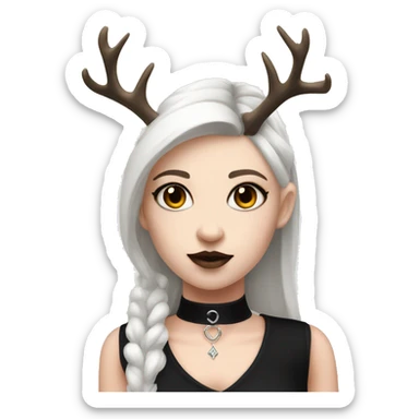 Portrait. Goth deer girl in a black sleeveless dress with a choker. White antlers with deer ears.  sticker