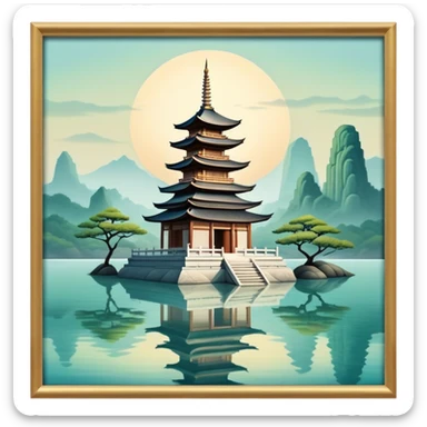 Cinematic Realistic Tran Quoc Pagoda Landmark Emoji, depicted with an ancient pagoda set on tranquil waters rendered with delicate textures and serene, reflective lighting. sticker