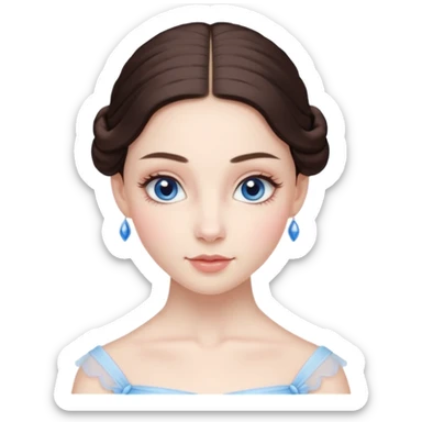 Realistic Ballerina Portrait, with porcelain-like skin featuring a natural rosy flush, illuminated by soft lighting that highlights the gentle contours of her face. Her Brunette hair flows in soft.Her deep blue eyes radiate framed by arched brows and long lashes. sticker