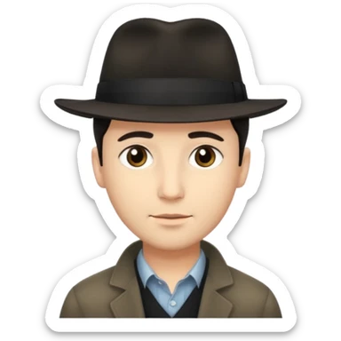 A light-skinned man with short dark hair, and a black fedora, with an oval face and calm look. sticker